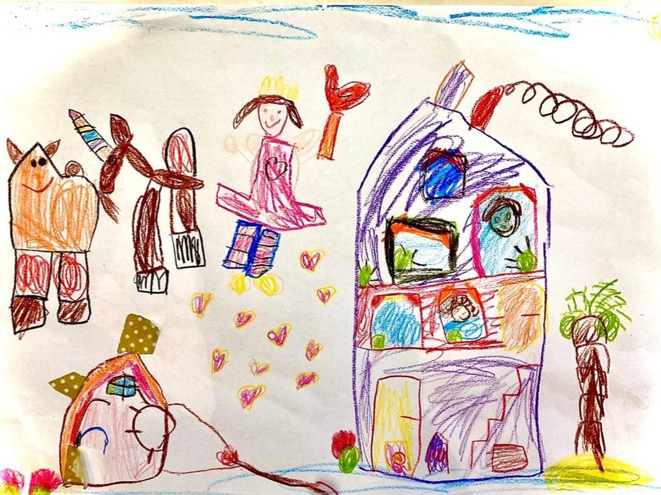 Ein gemaltes Kinderbild mit einem Haus mit Menschen und einem Pferd