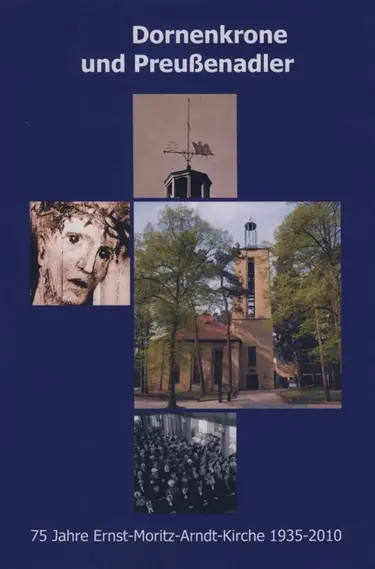 Die Festschrift zum Jubiläum 75 Jahre Ernst-Moritz-Arndt mit vier Fotos der Kirche von innen und außen auf blauem Hintergrund