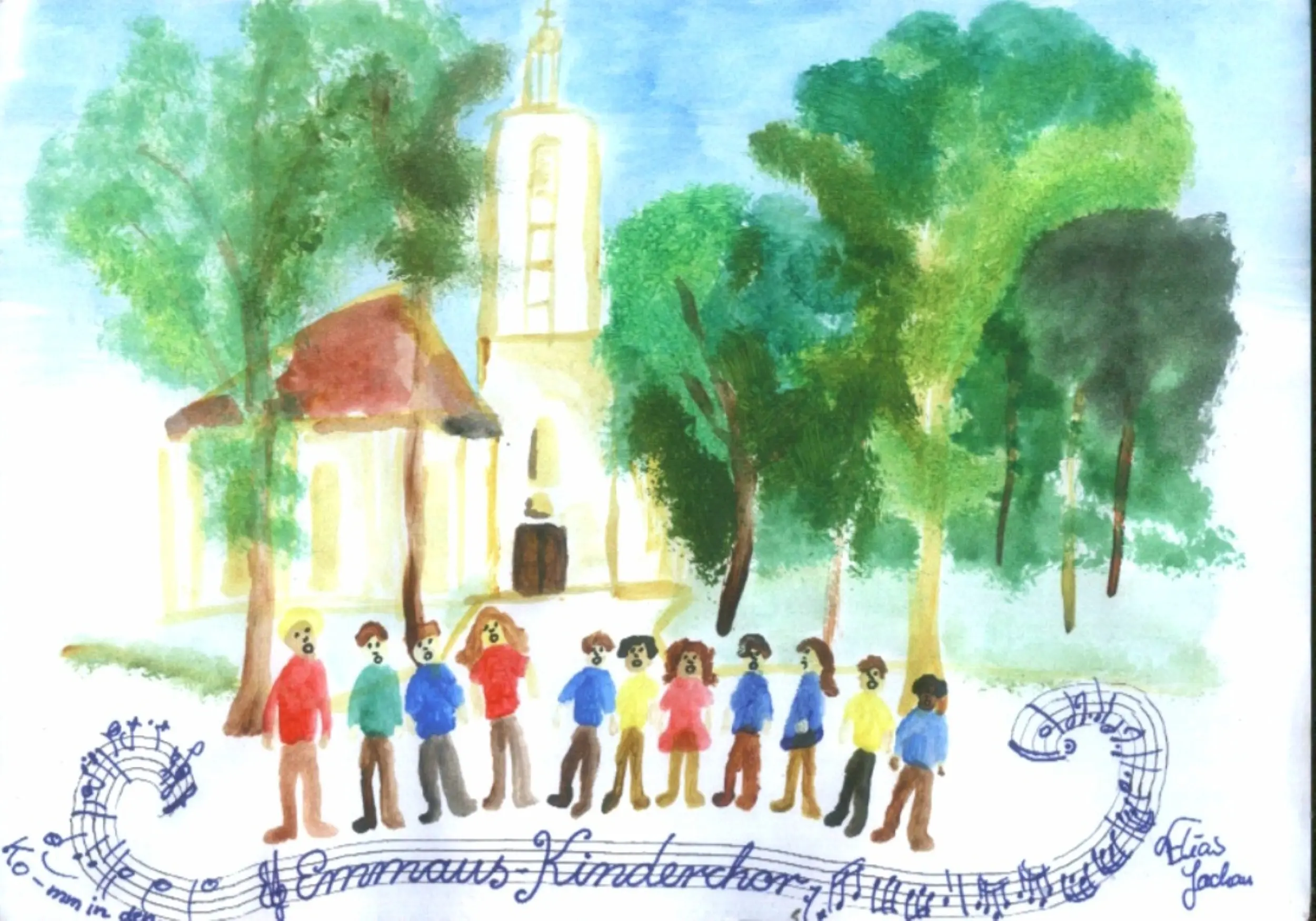 Kinder stehen vor der Kirche und singen